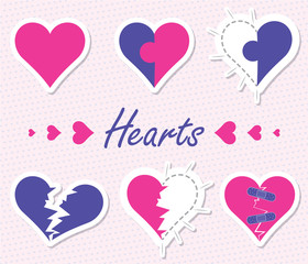 A collection of six different heart icons on a subtle heart patterned background.