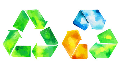 Watercolor green recycle icon and watercolor recycled water icon. Hand drawn recycle and recycled water sign.