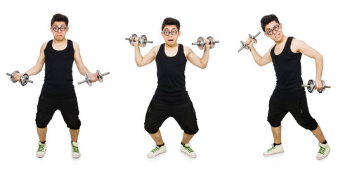 Man with dumbbells isolated on white