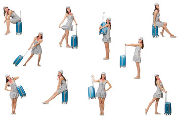 Obraz premium Travelling woman with suitcase isolated on white