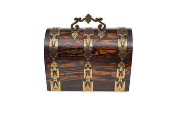 A Vintage Wooden Chest-Type Jewelry Box with Handle Raised