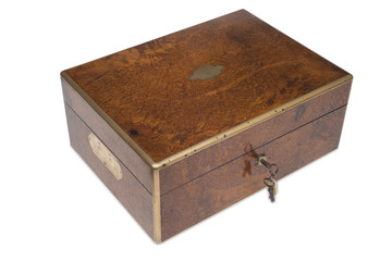 An Antique Wooden Vanity Box with Key in Lock