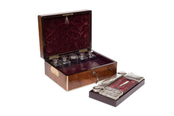 An Opened Antique Vanity Box with Keys and Contents Displayed
