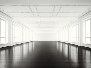 Photo of open space office modern building.Empty white interior loft style with black wood floor and panoramic windows.Abstract background. Ready for business info.Horizontal mockup.3d rendering