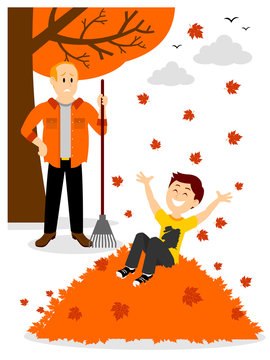 Boy Jumping In A Leaf Pile Clipart