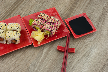 japanese sushi set on wood background