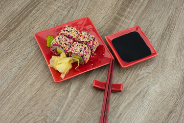 japanese sushi set on wood background