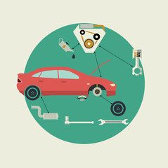 Car Parts Auto Repair Service. Side View. Vector Illustration 