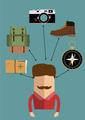 Man Traveler with Backpack, Passport, Boots, Camera, Compass.  Hiking Equipment. Vector Illustration