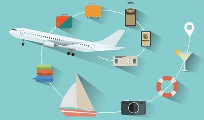 Tourism Industry. Airplane Travelling. Flat Style Summer Vacation Concept. Vector Illustration