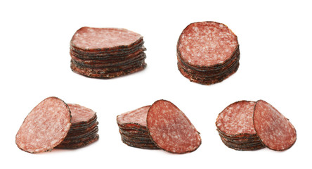 Pile of salami slices isolated