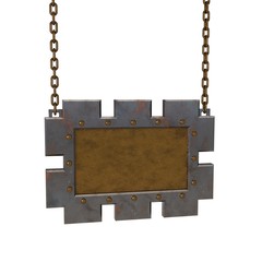 Blank metallic signboard hanging on chain.3D rendering illustrat