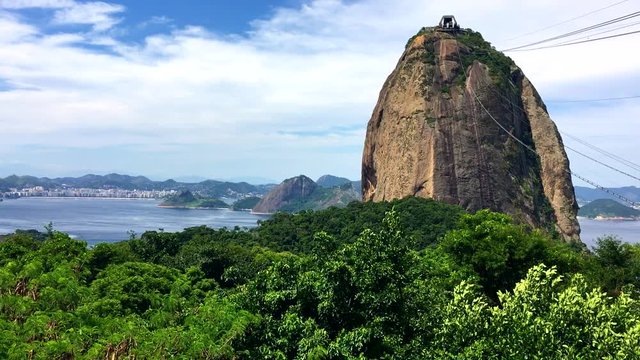 Dramatic karst Sugarloaf Pao de Acucar Mountain standing above jungle greenery in Rio de Janeiro, Brazil
