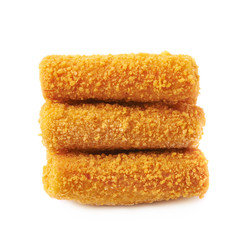 Pile of breaded crab sticks isolated