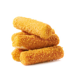 Pile of breaded crab sticks isolated