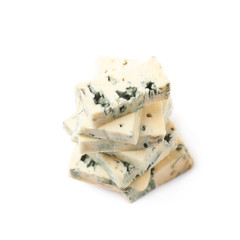 Pile of blue cheese slices isolated