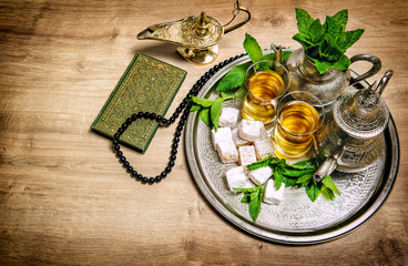 Tea pot glasses. Oriental hospitality concept. Food drink