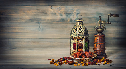 Golden lantern antique mill. Arabic decoration vintage