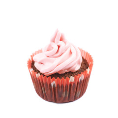 Chocolate muffin with pink cream isolated