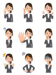 ヘッドセットを装着した女性オペレーターの9種類の表情と仕草
