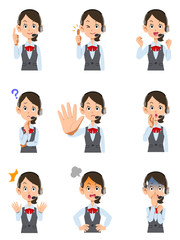 ヘッドセットを装着した女性オペレーターの9種類の表情と仕草
