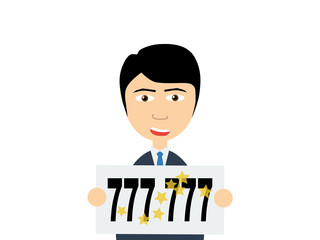 Flat vector illustration of a smiling young asian guy in business suits holding a winning lottery