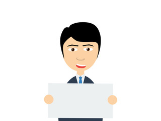 Flat vector illustration of a smiling young asian guy in business suits holding a empty white board on which your own text can be put on.