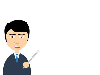 Flat vector illustration of a smiling handsome salesman talking to you as pointing by using a pointer