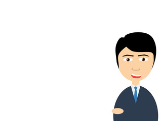 Flat vector illustration of a smiling handsome salesman talking to you as pointing his finger.