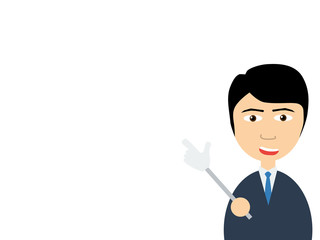 Flat vector illustration of a smiling handsome salesman talking to you as pointing by using a hand shaped pointer.