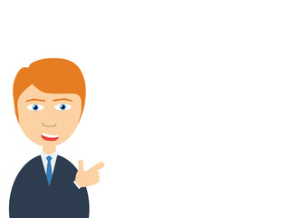 Flat vector illustration of a smiling handsome salesman talking to you as pointing his finger