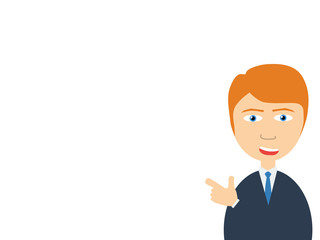 Flat vector illustration of a smiling handsome salesman talking to you as pointing his finger.