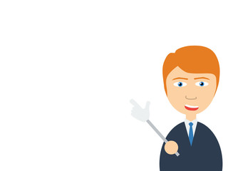 Flat vector illustration of a smiling handsome salesman talking to you as pointing by using a hand shaped pointer.