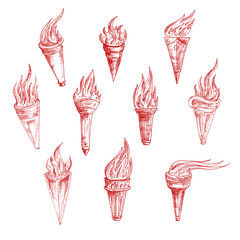 Vintage sketch drawings of red burning torches