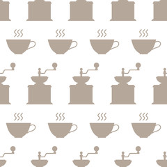 Hand grinders and coffee cups, seamless pattern with silhouettes. Vector 