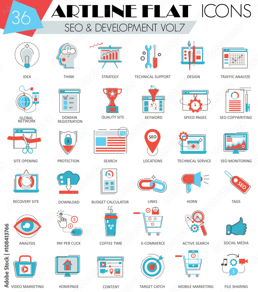 Poster vector seo and development ultra modern outline artline flat line icons for web and apps.