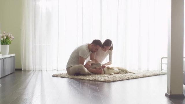 Couple Playing with Shiba Dog in Living Room. Shot on RED Cinema Camera.