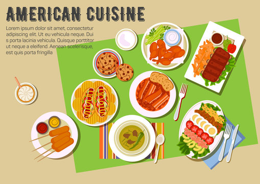 Bbq party flat icon with american cuisine dishes