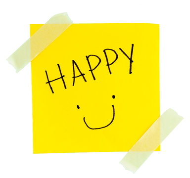 "Smiley Face" yellow sticky note  with masking tape on white background