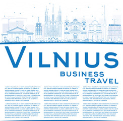 Obraz premium Zarys panoramę Wilna z niebieskimi zabytkami i przestrzenią kopiowania.