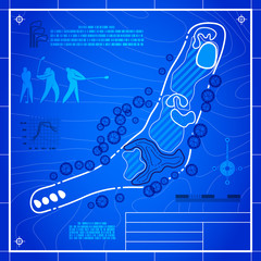 Golf course layout. Abstract design stylized blueprint technical drawing. White symbol on blue topographic background