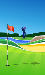 Golfer at golf course. Golf hole vector green tee background illustration with sand bunker and water hazard