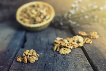 walnut on wooden background
