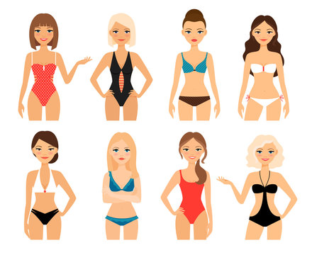 Women in swimsuit. Beautiful girls in bathing suits of different types. Vector illustration