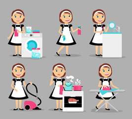 Housewife characters. Woman house working icons. Vector illustration