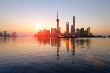 Pudong Skyline at sunrise ,Shanghai, China .