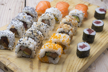 Different Sushi rolls,wasabi and ginger on a plate on wooden bac