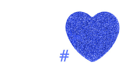 hashtag blue glitter heart on white background