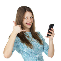 young woman making a call me gesture