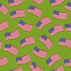 Vector seamless pattern: American flags on a green background.